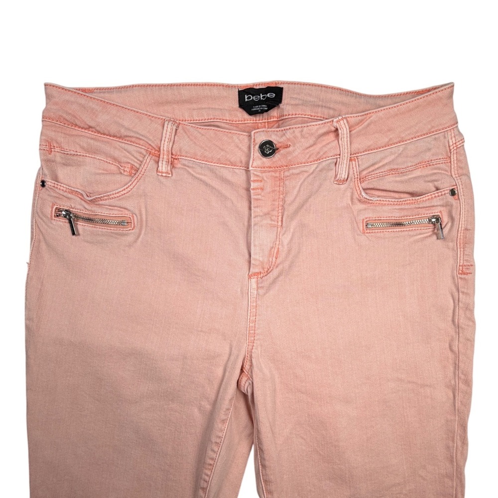 Bebe Women Peach Coral Distressed Skinny Jeans Size 31 Zipper Detail Mid Rise